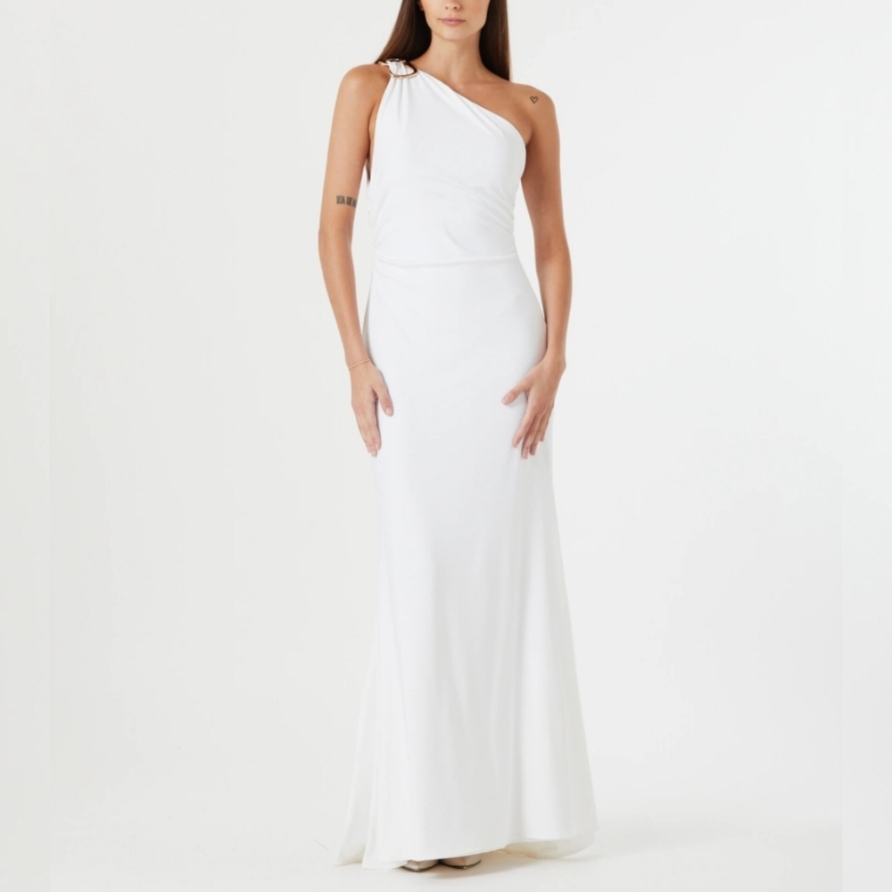 đĽDonna Karan Elegant White One-Shoulder Dress with Gold Embelishment